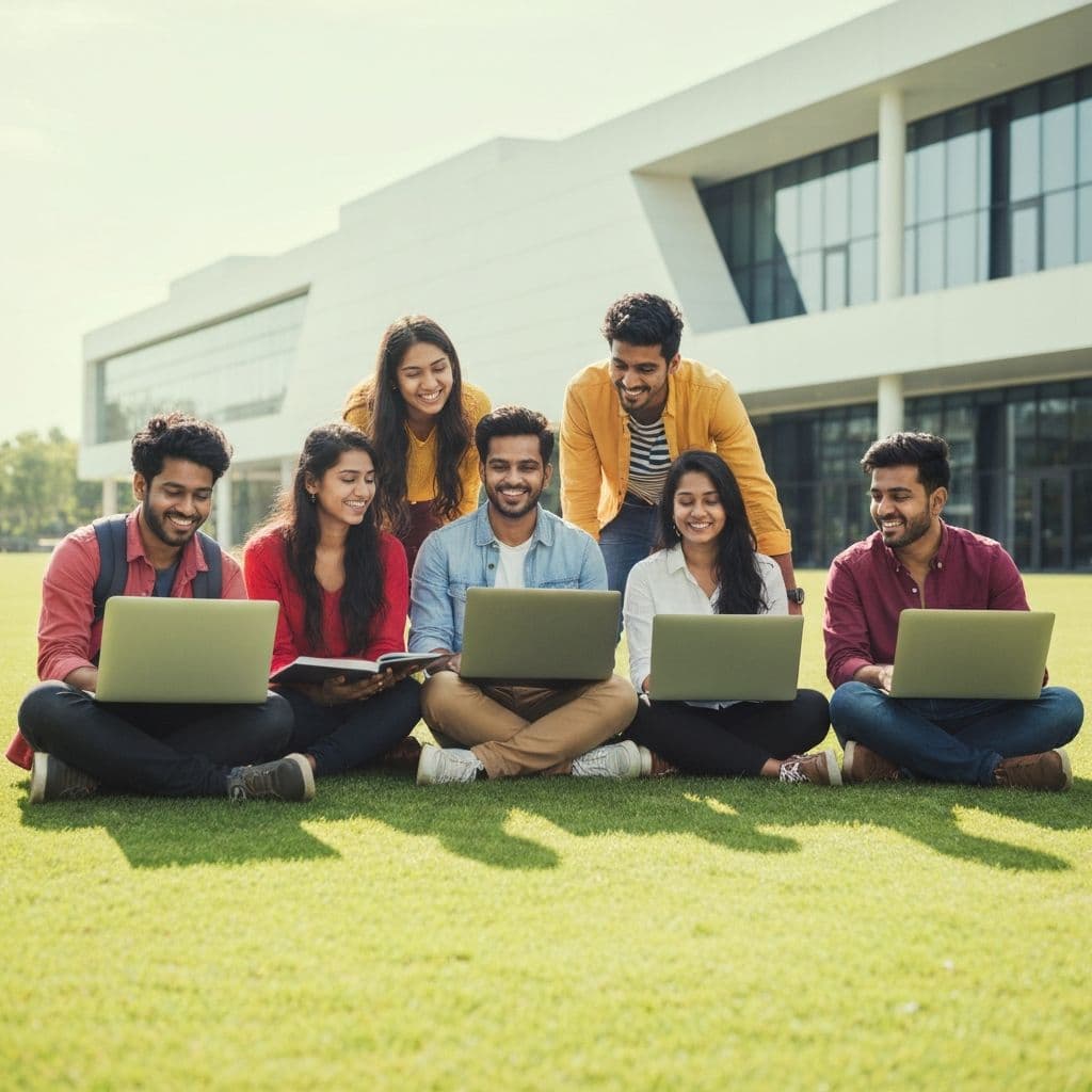 Happy Indian students discussing college and course options together